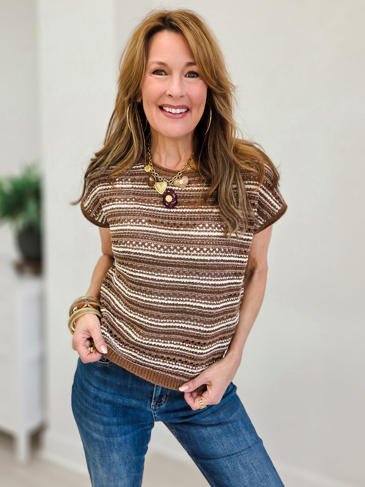 Multi Stripe Drop Shoulder Short Sleeve Sweater Top