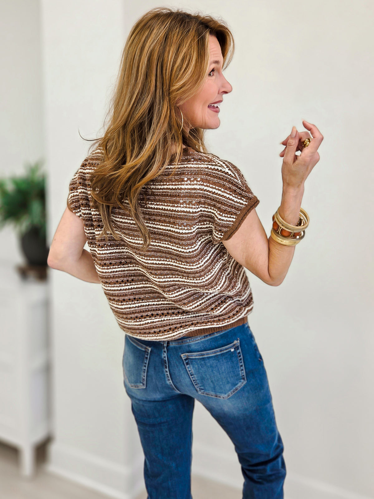 Multi Stripe Drop Shoulder Short Sleeve Sweater Top