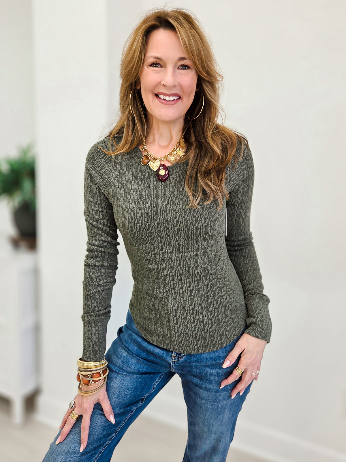 Textured Crew Neck Long Sleeve Top With Thumbhole Detail