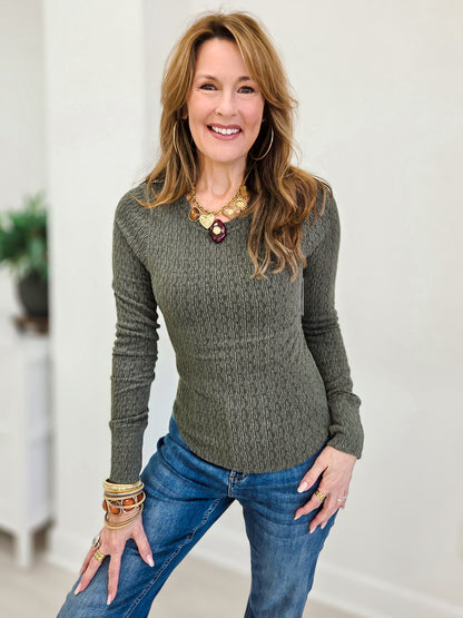 Textured Crew Neck Long Sleeve Top With Thumbhole Detail