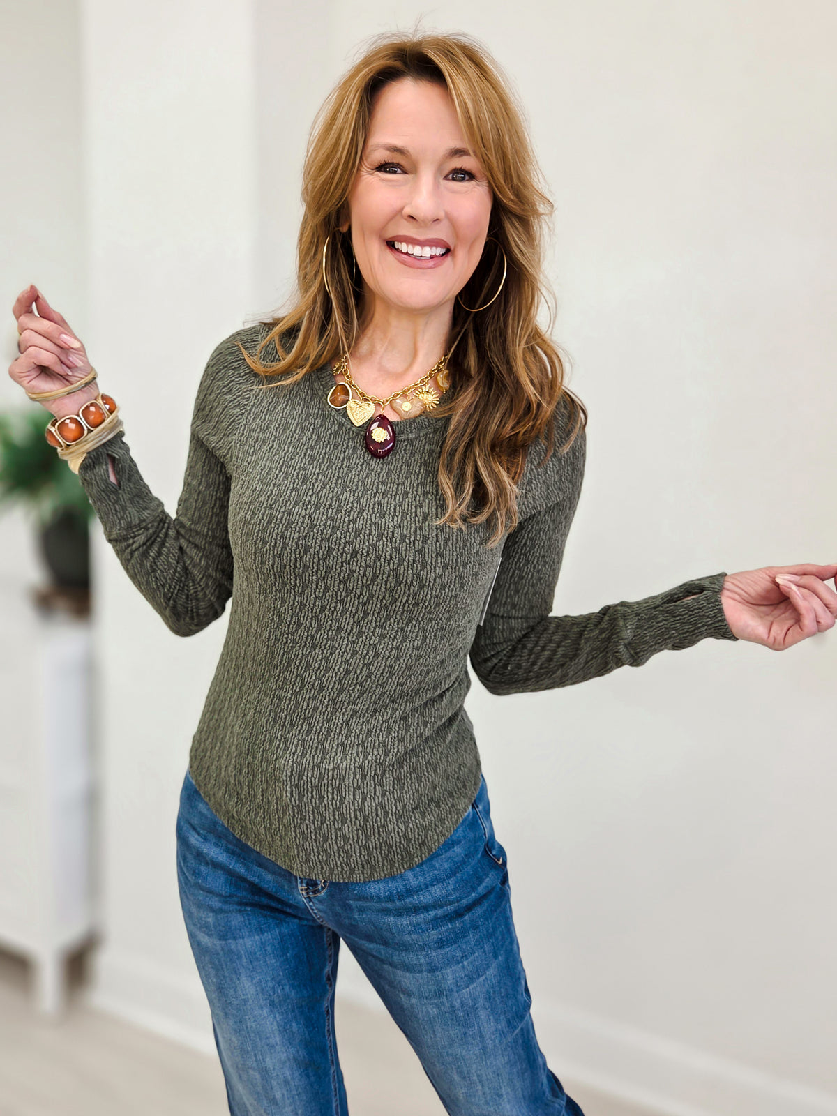 Textured Crew Neck Long Sleeve Top With Thumbhole Detail