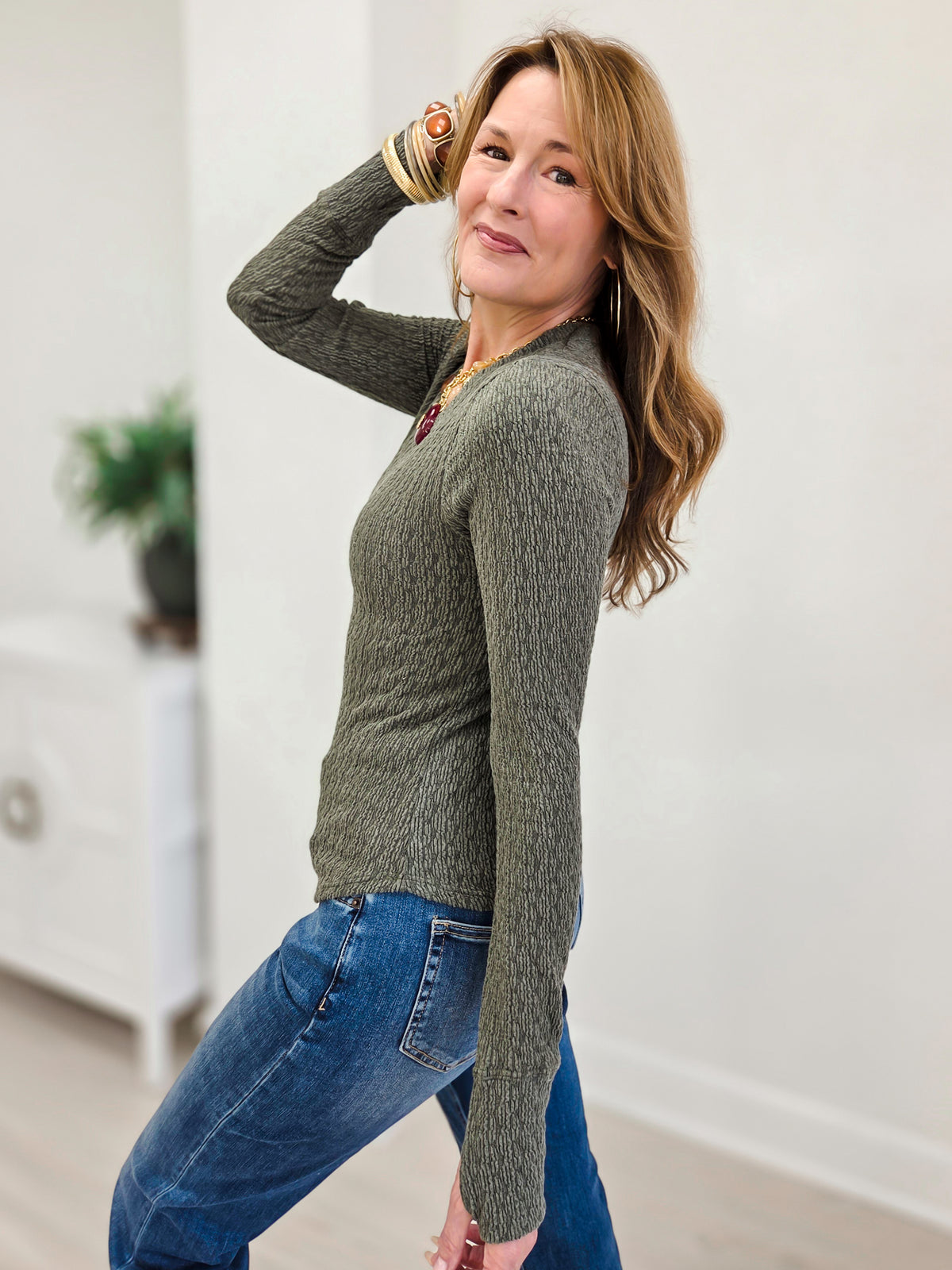 Textured Crew Neck Long Sleeve Top With Thumbhole Detail