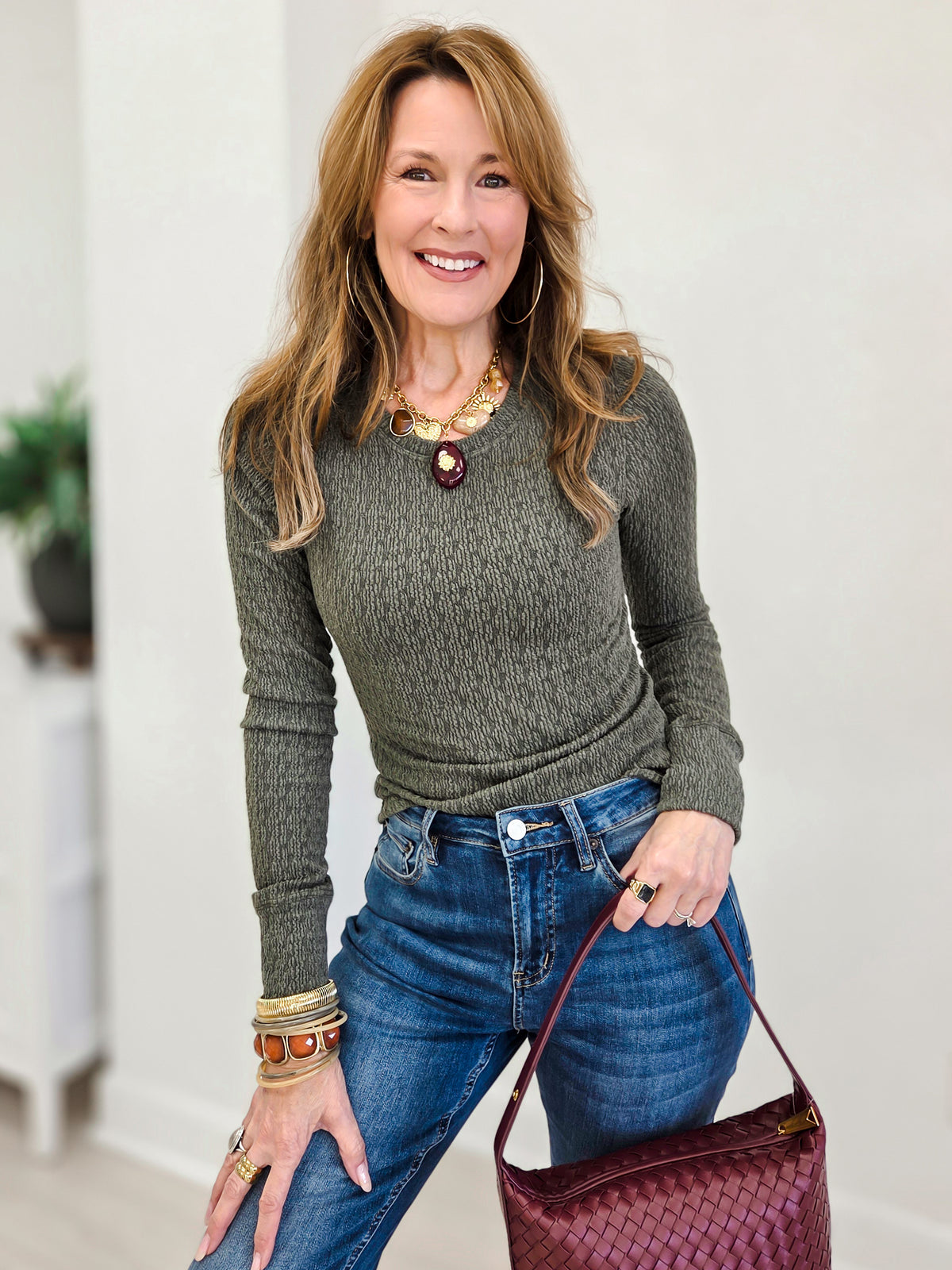 Textured Crew Neck Long Sleeve Top With Thumbhole Detail