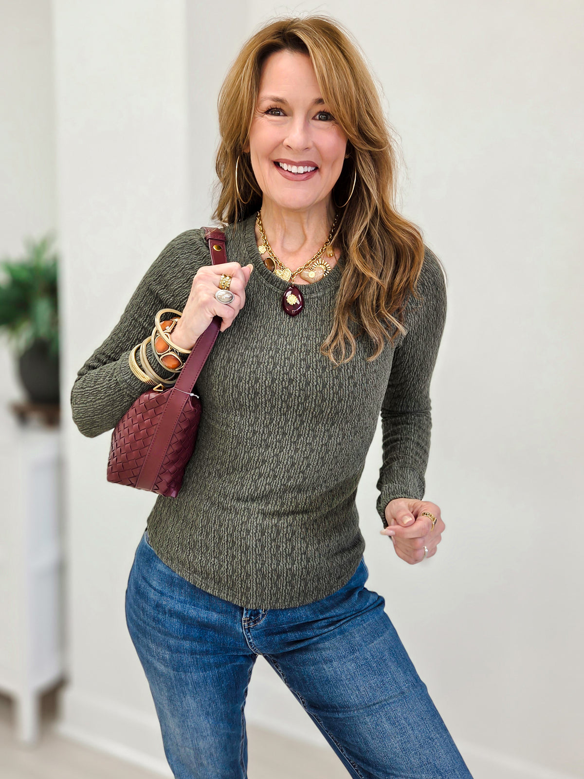 Textured Crew Neck Long Sleeve Top With Thumbhole Detail