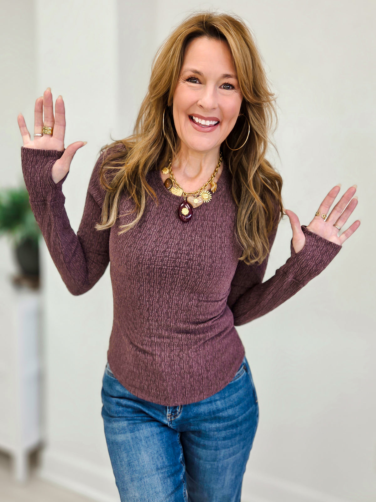 Textured Crew Neck Long Sleeve Top With Thumbhole Detail