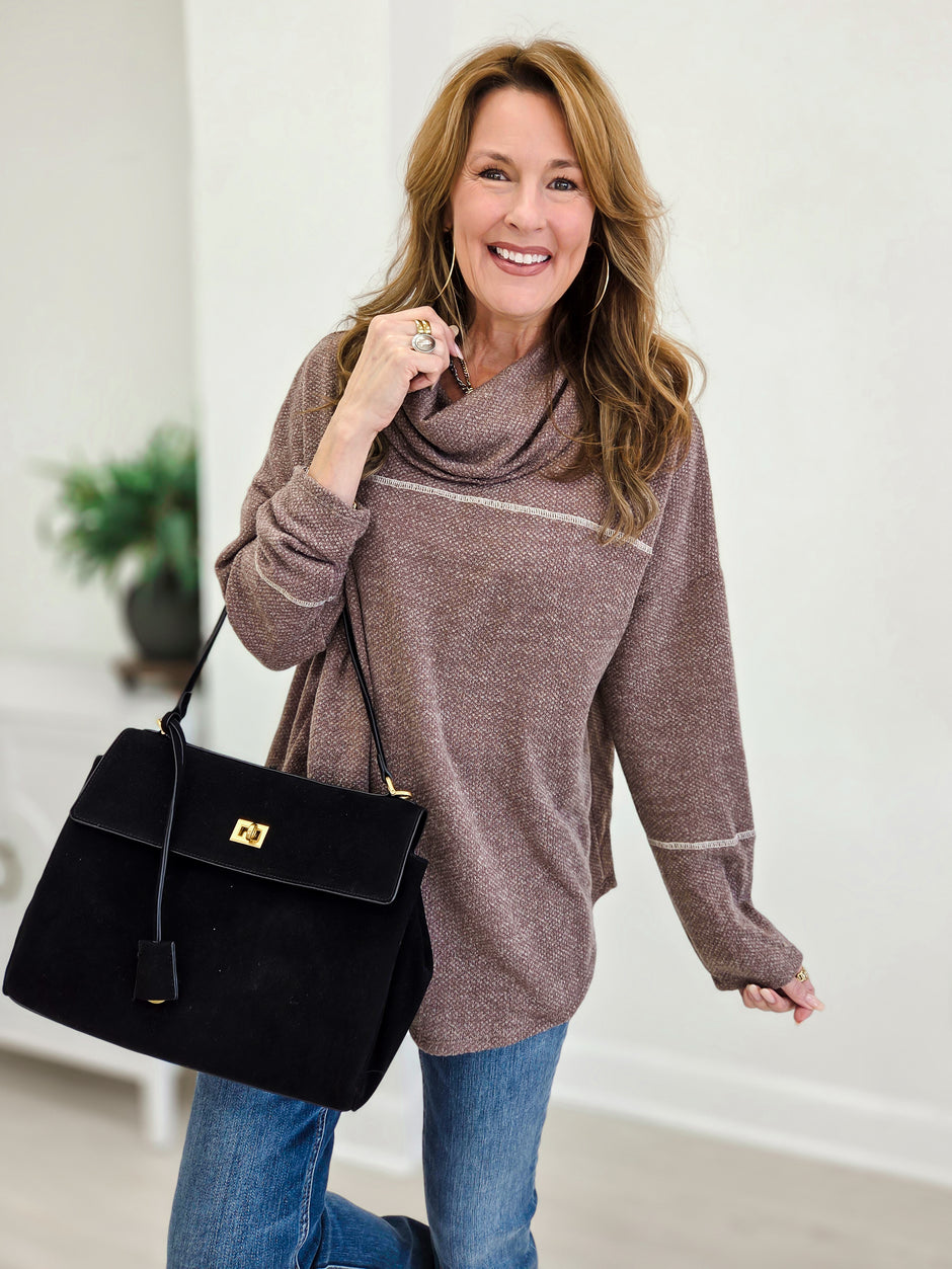 Two Tone Solid Terry Cowl Neck Top