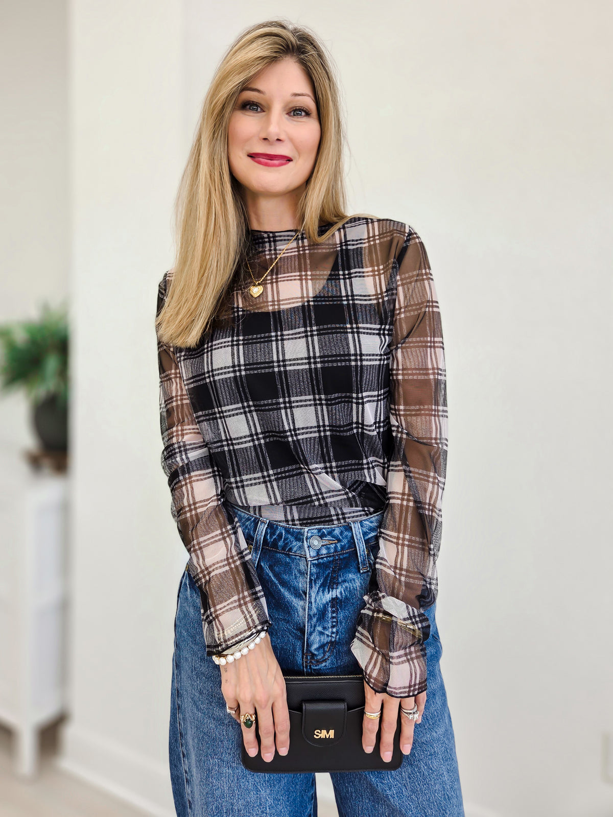 High Neck Long Sleeve Plaid Mesh Sheer Top