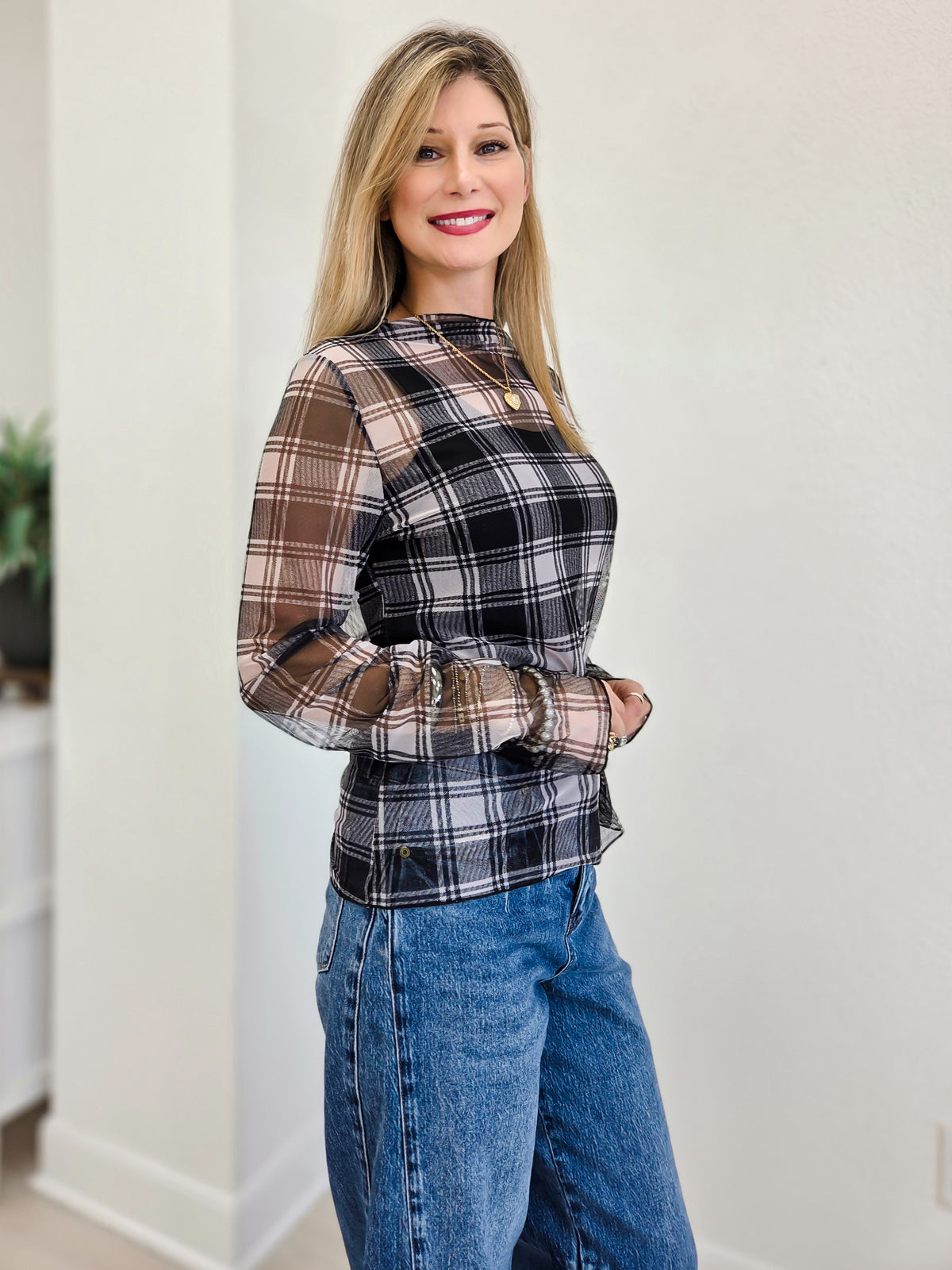 High Neck Long Sleeve Plaid Mesh Sheer Top