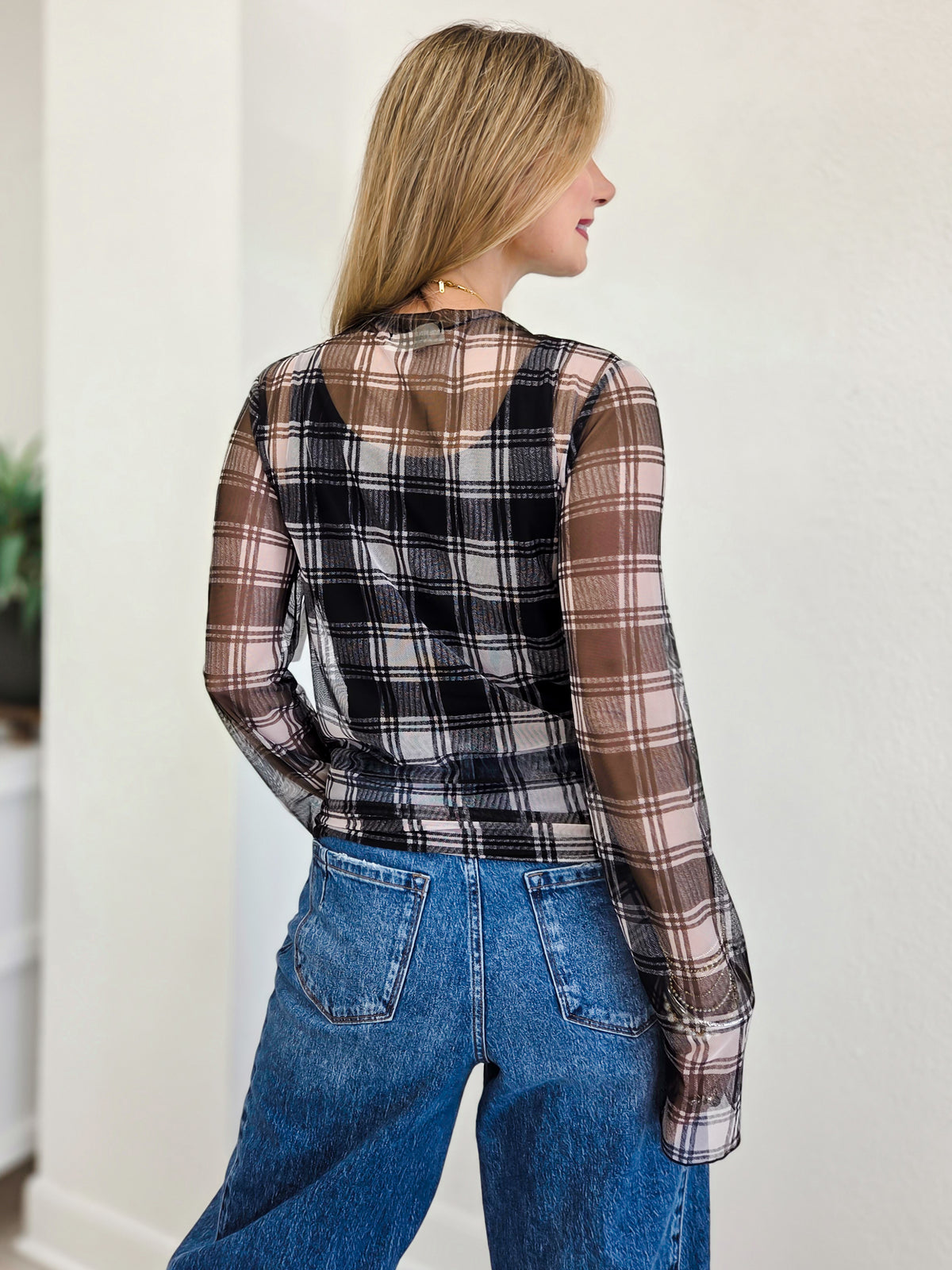 High Neck Long Sleeve Plaid Mesh Sheer Top