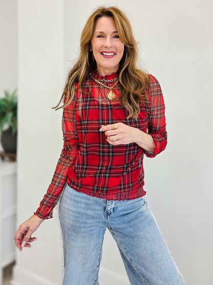 High Neck Long Sleeve Plaid Mesh Sheer Top