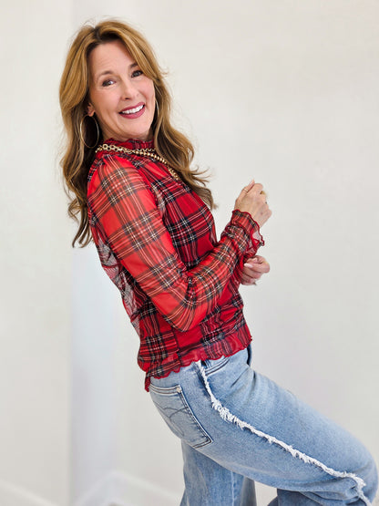 High Neck Long Sleeve Plaid Mesh Sheer Top