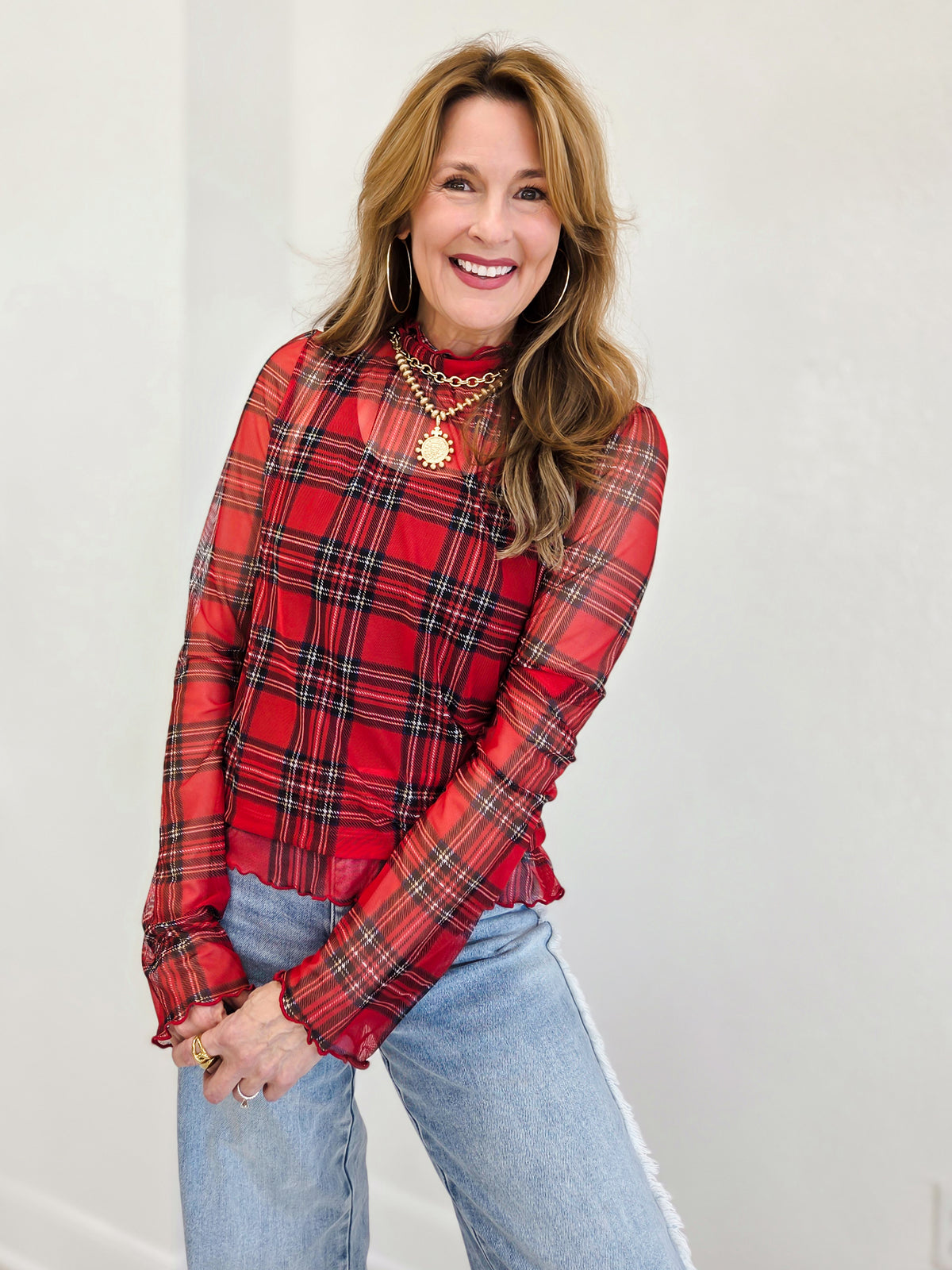 High Neck Long Sleeve Plaid Mesh Sheer Top