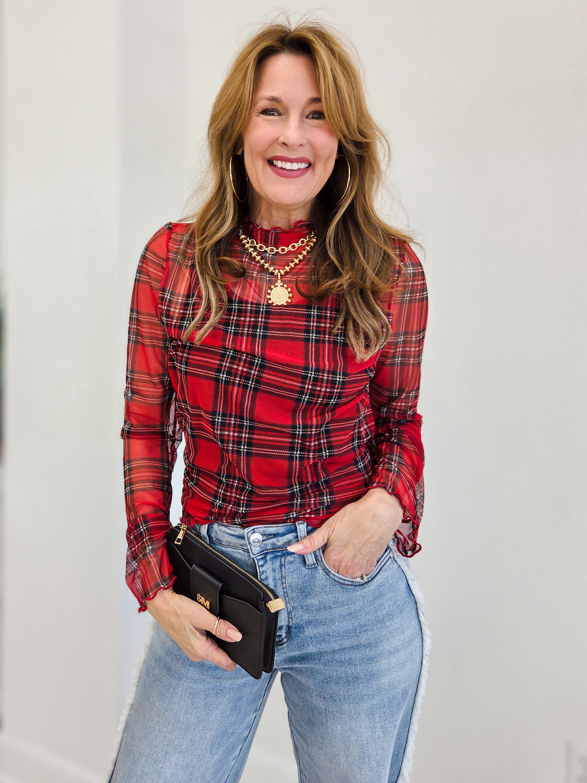 High Neck Long Sleeve Plaid Mesh Sheer Top