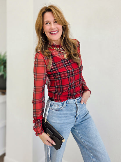 High Neck Long Sleeve Plaid Mesh Sheer Top