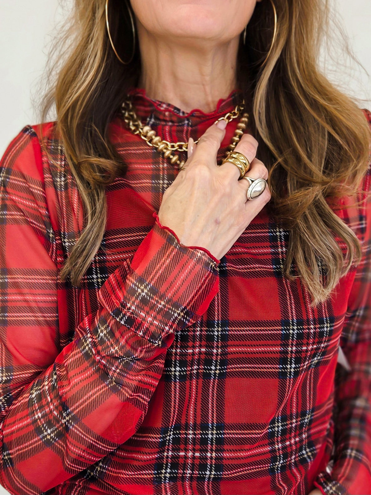 High Neck Long Sleeve Plaid Mesh Sheer Top