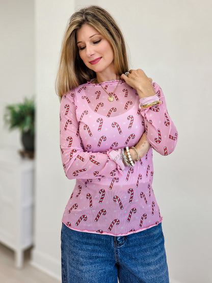Candy Cane Mesh Top With Merrow Hem
