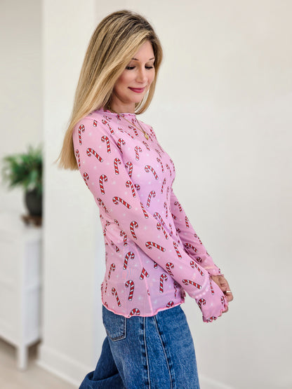 Candy Cane Mesh Top With Merrow Hem