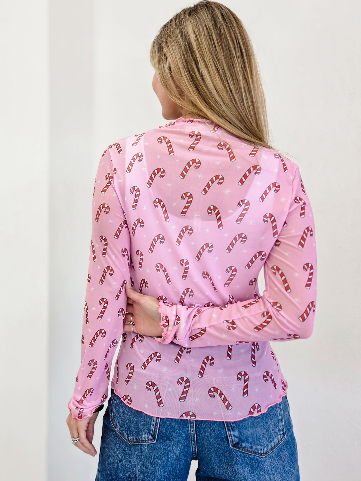 Candy Cane Mesh Top With Merrow Hem