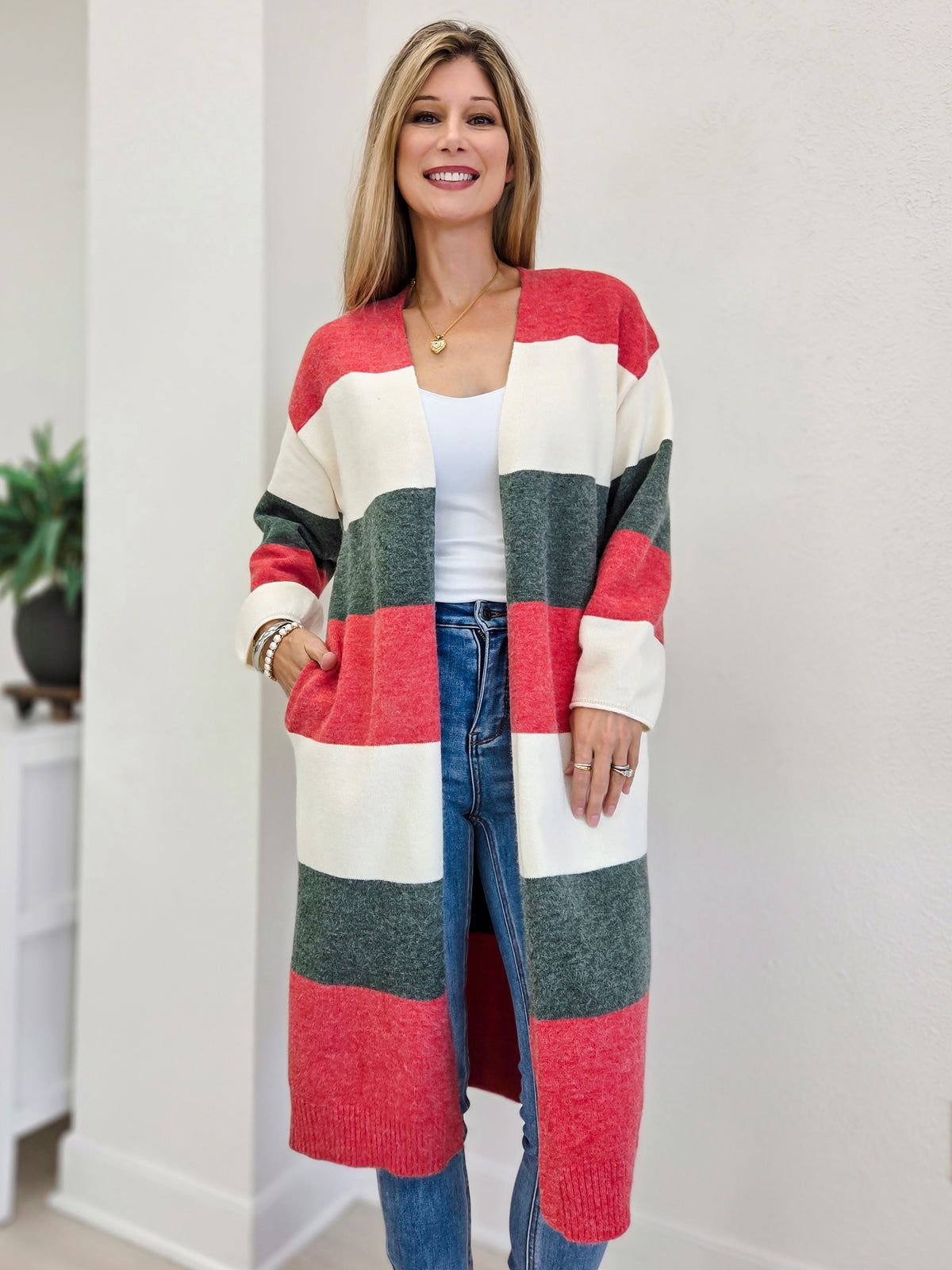 Christmas Color Block Long Sweater Cardigan