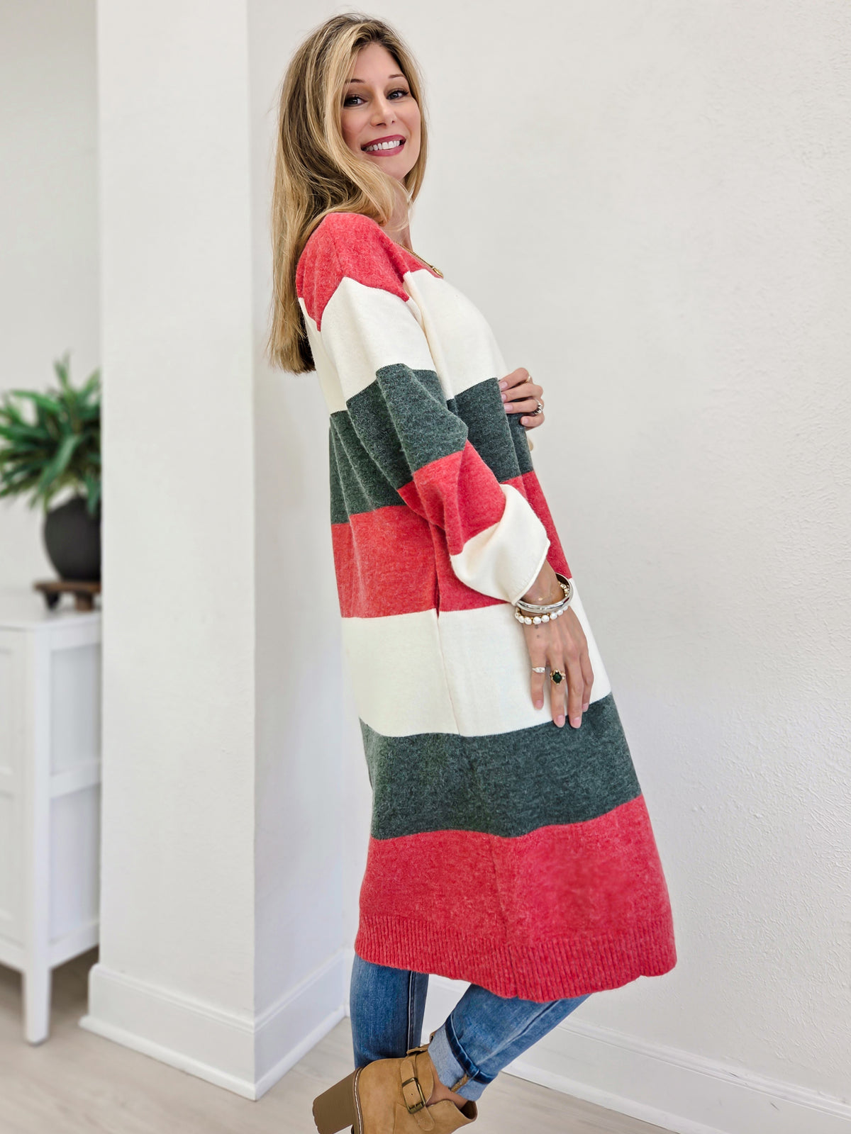 Christmas Color Block Long Sweater Cardigan