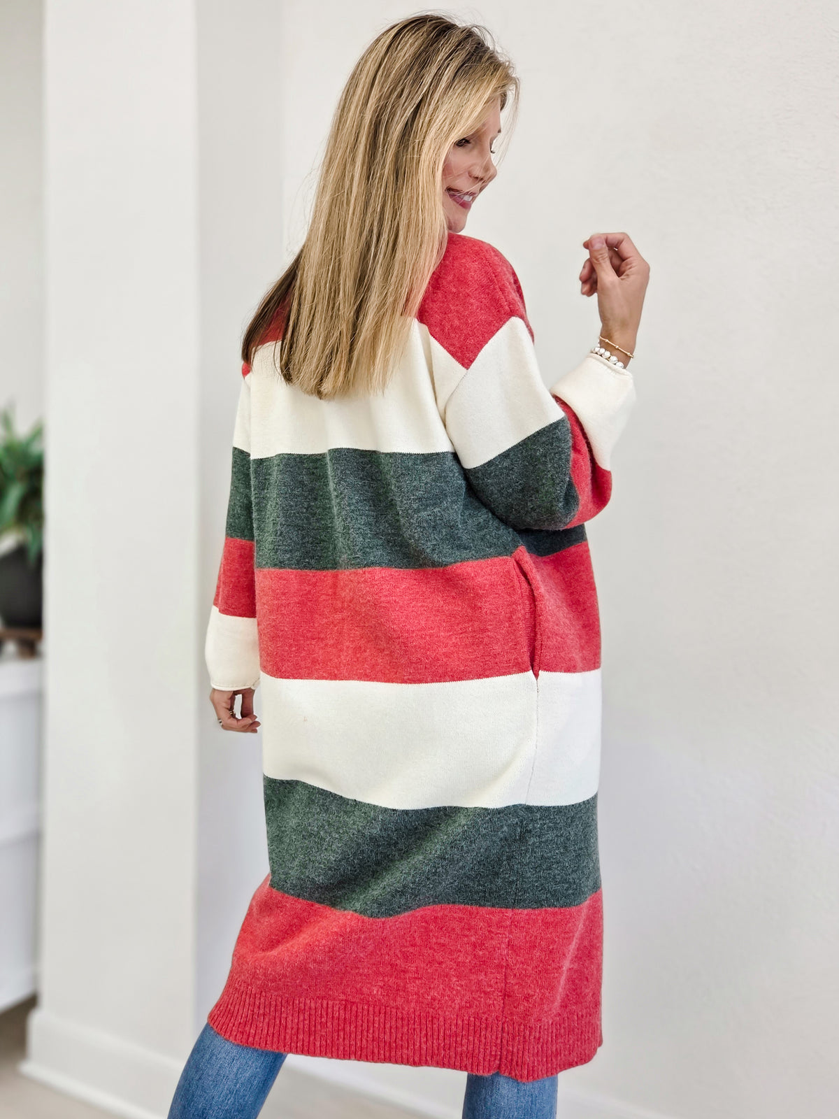 Christmas Color Block Long Sweater Cardigan