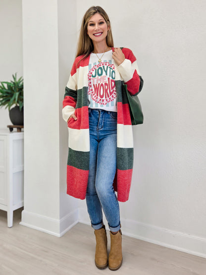Christmas Color Block Long Sweater Cardigan