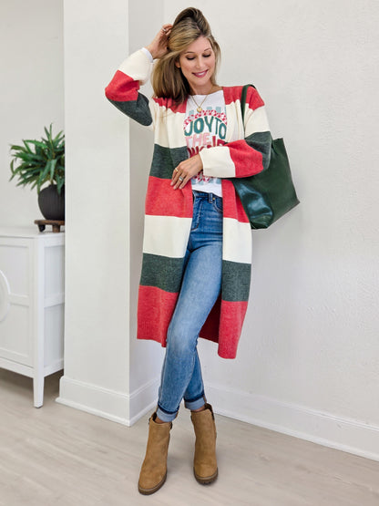 Christmas Color Block Long Sweater Cardigan