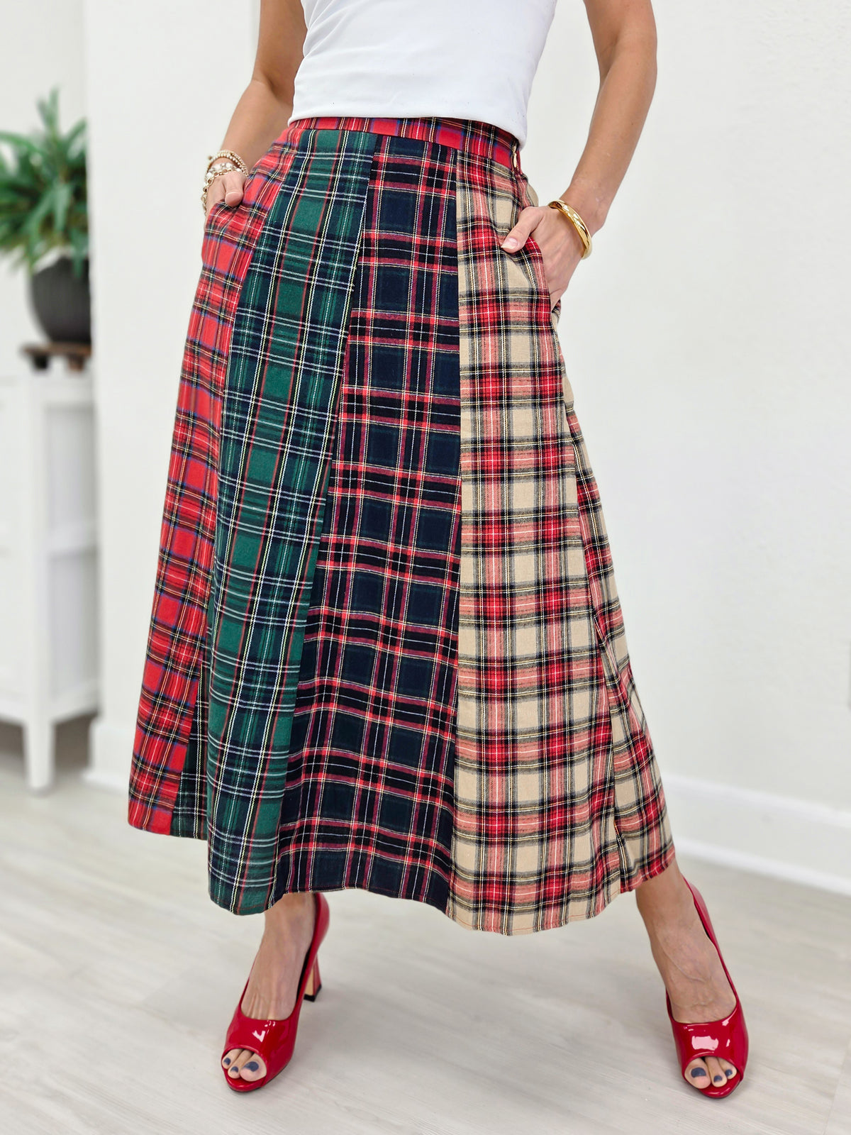 Christmas Multi Tartan Color Block Maxi Skirt