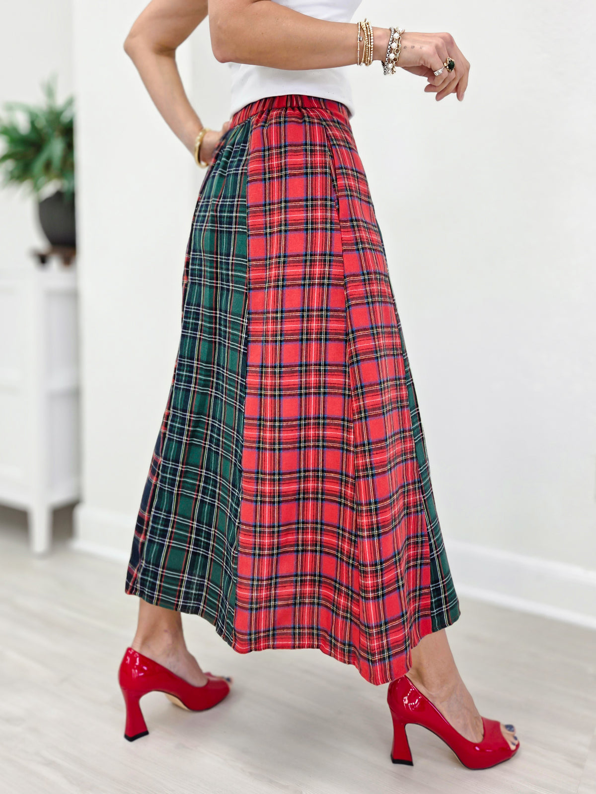 Christmas Multi Tartan Color Block Maxi Skirt