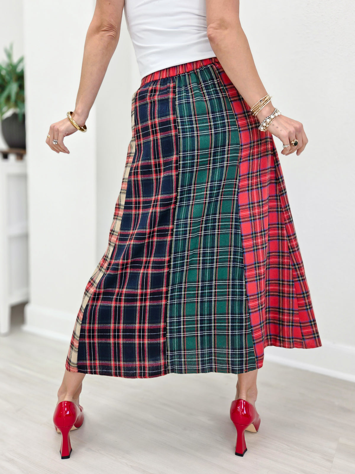 Christmas Multi Tartan Color Block Maxi Skirt