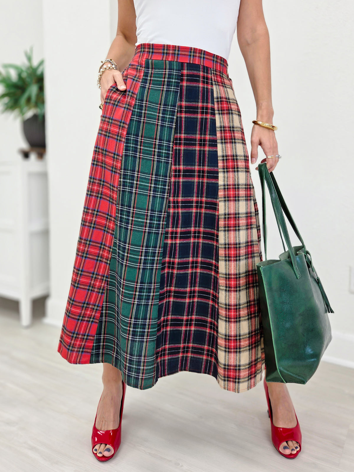 Christmas Multi Tartan Color Block Maxi Skirt