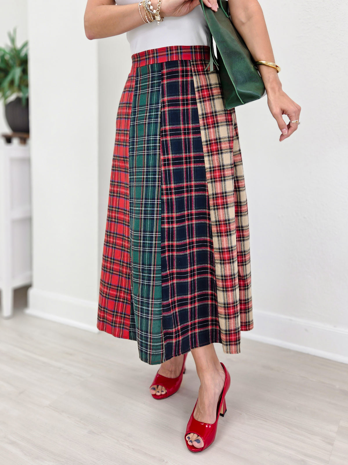Christmas Multi Tartan Color Block Maxi Skirt