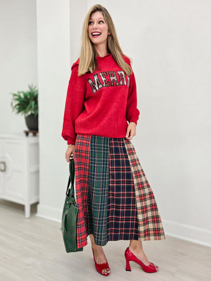 Christmas Multi Tartan Color Block Maxi Skirt