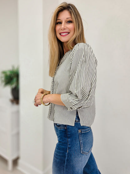 Railroad Stripe V-neck Puff Sleeve Blouse