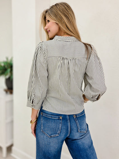 Railroad Stripe V-neck Puff Sleeve Blouse