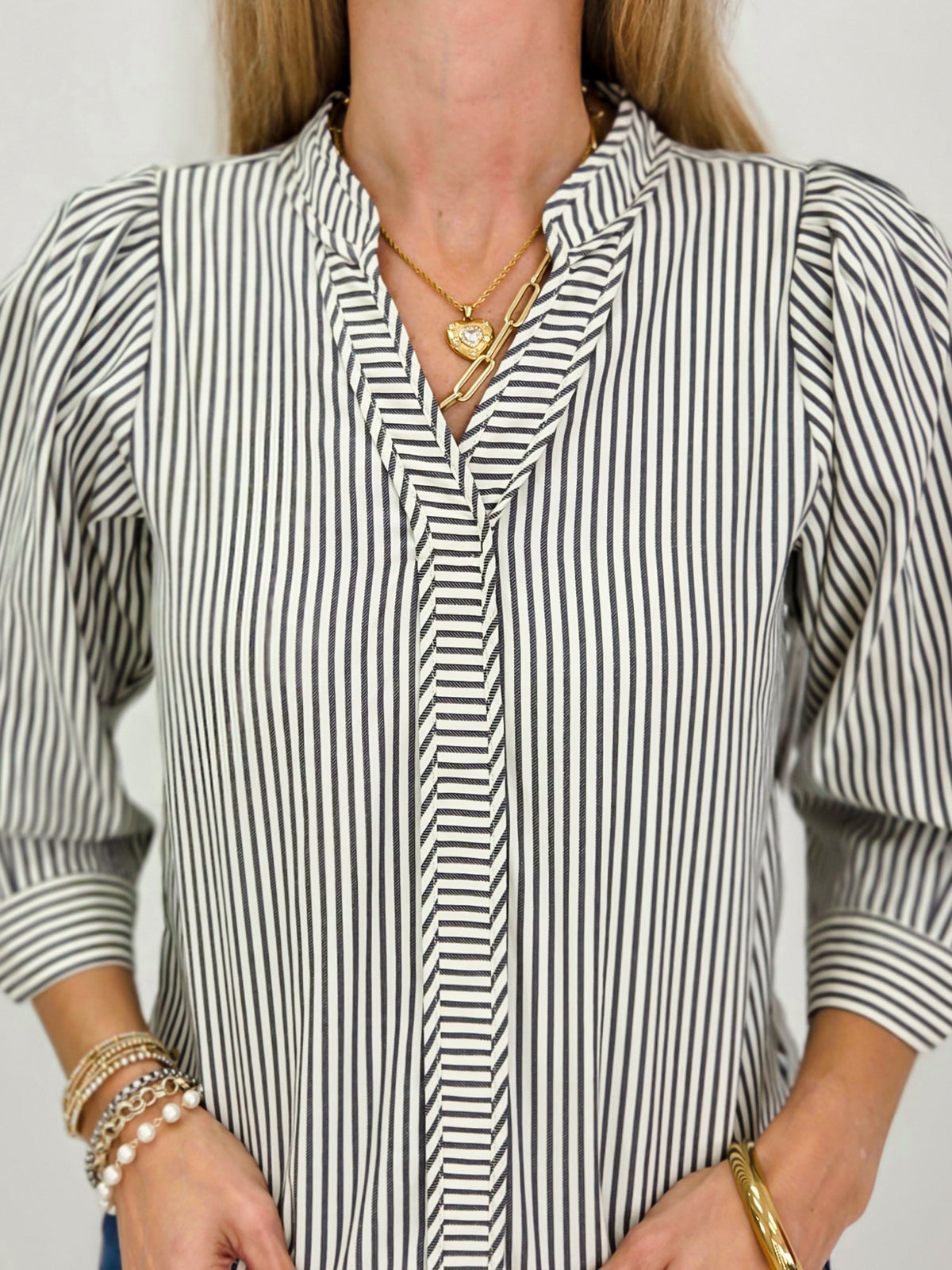 Railroad Stripe V-neck Puff Sleeve Blouse