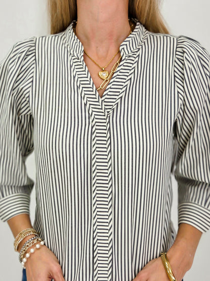 Railroad Stripe V-neck Puff Sleeve Blouse
