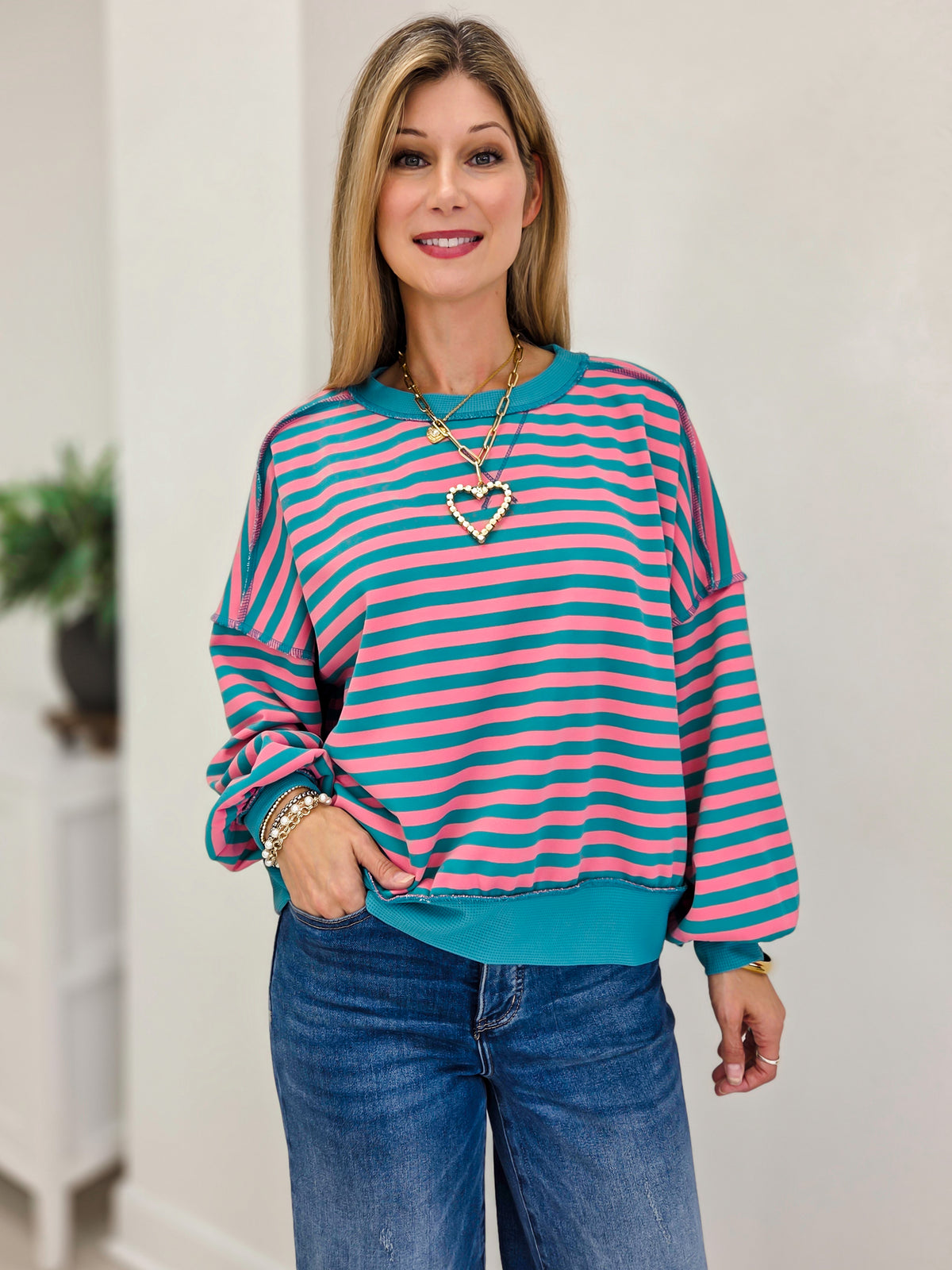 Striped Drop-shoulder Pullover Sweatshirt