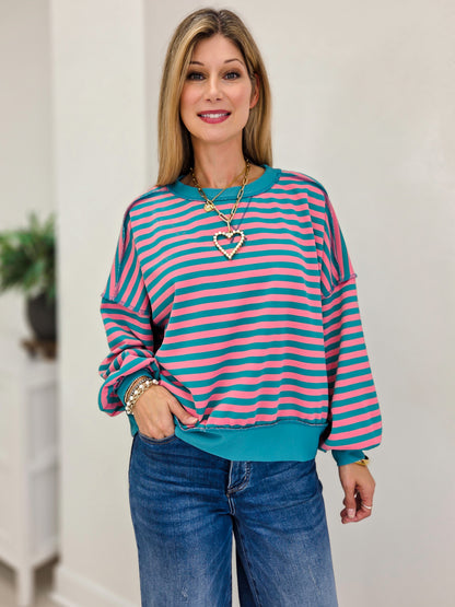 Striped Drop-shoulder Pullover Sweatshirt