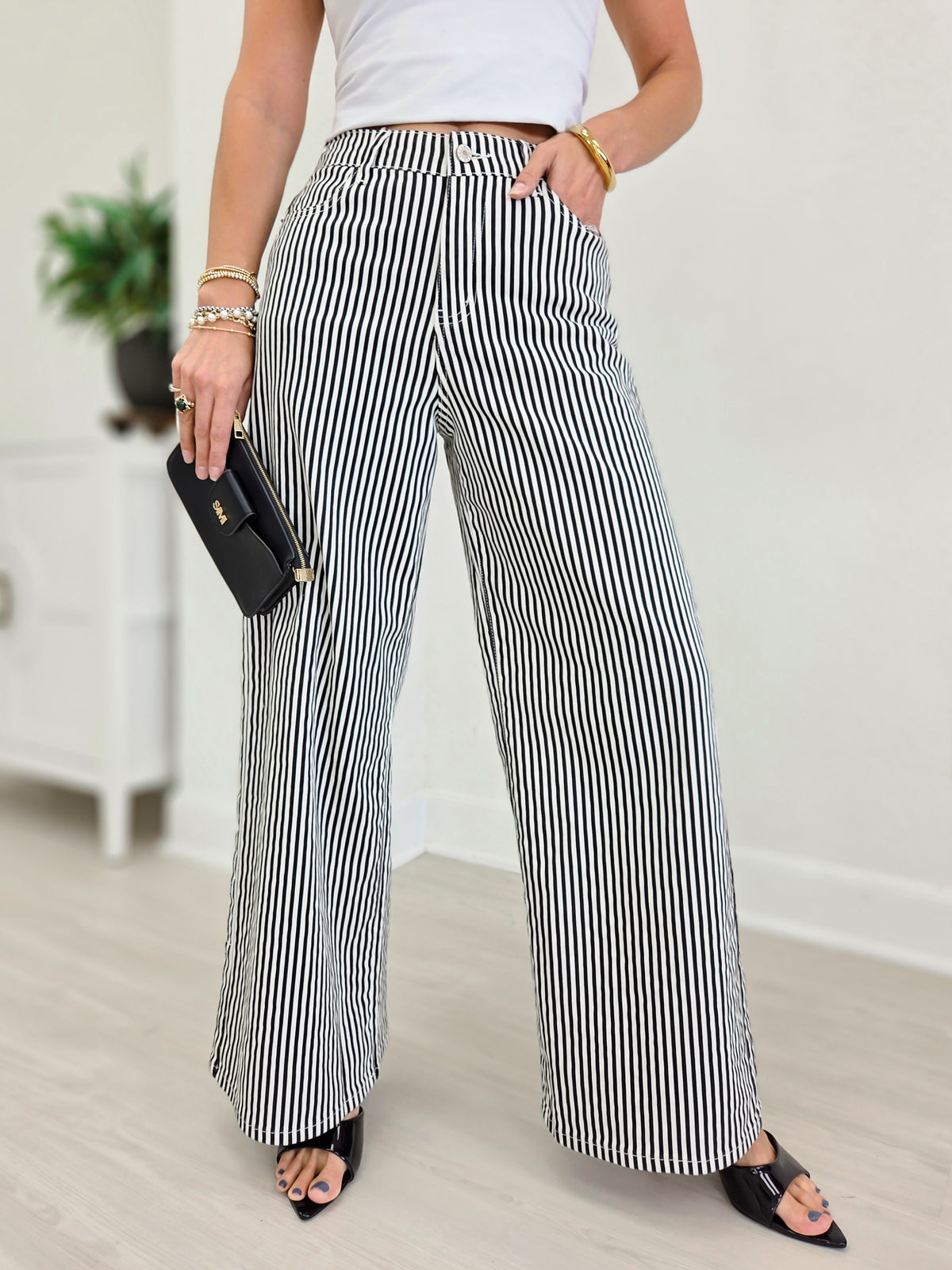 High-Rise Wide-Leg Railroad Stripe Pants