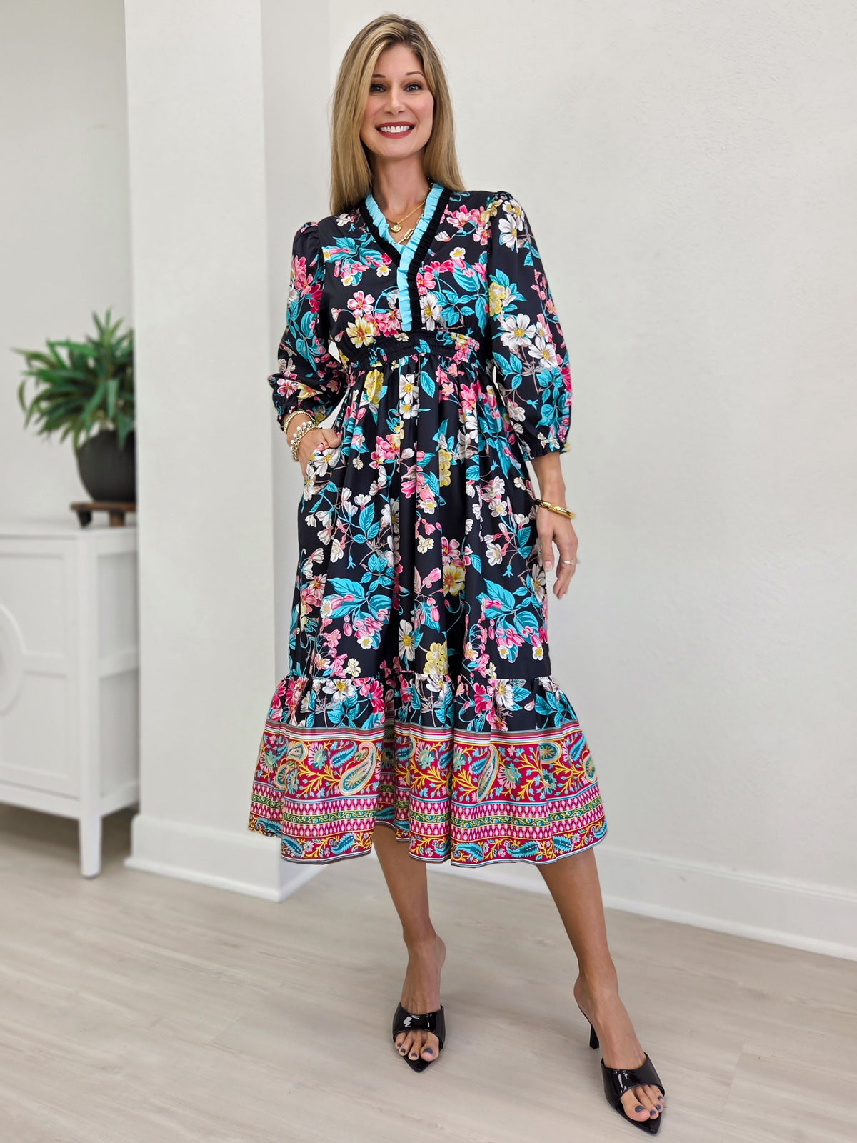Floral And Paisley Tiered Midi Dress With Ruffled Trim
