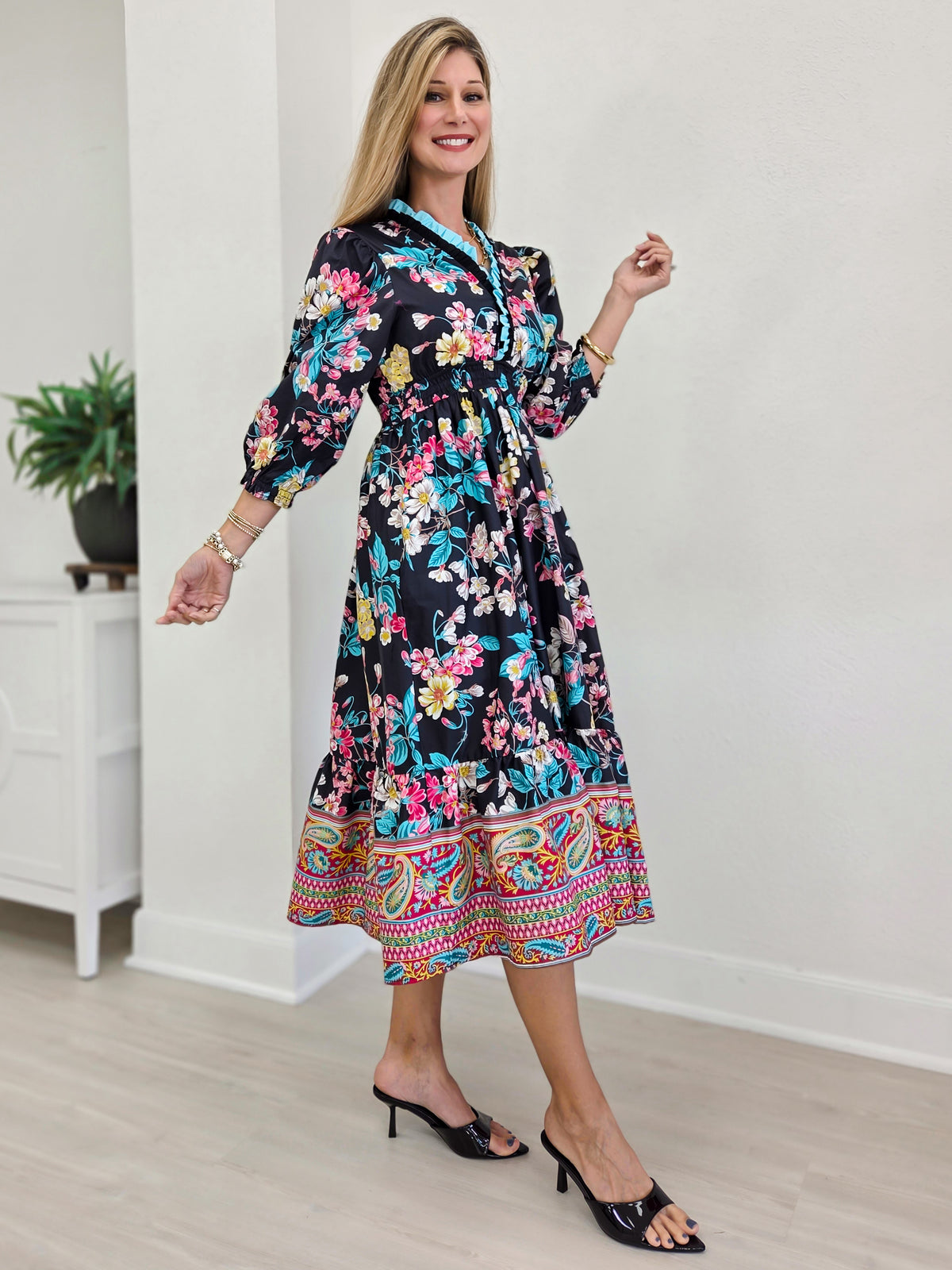 Floral And Paisley Tiered Midi Dress With Ruffled Trim