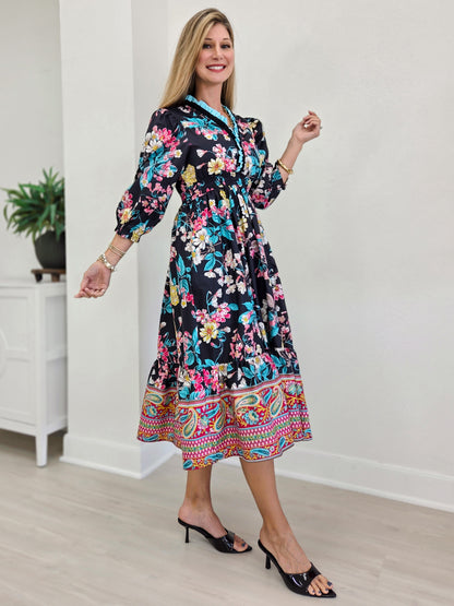 Floral And Paisley Tiered Midi Dress With Ruffled Trim