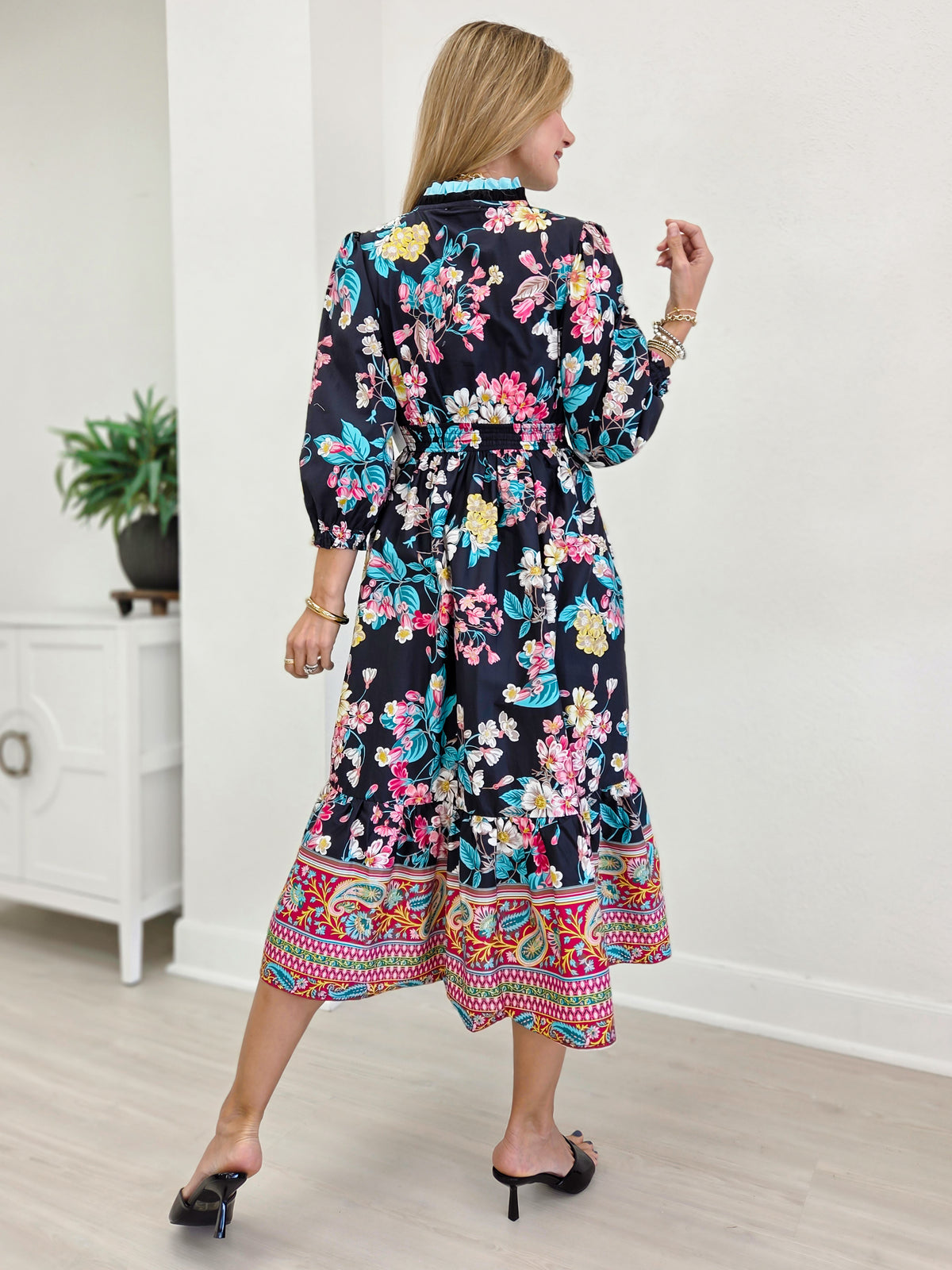 Floral And Paisley Tiered Midi Dress With Ruffled Trim
