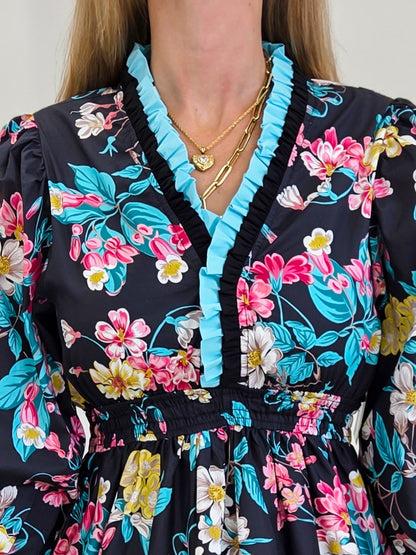 Floral And Paisley Tiered Midi Dress With Ruffled Trim