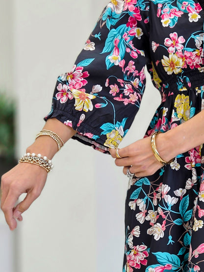 Floral And Paisley Tiered Midi Dress With Ruffled Trim