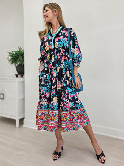 Floral And Paisley Tiered Midi Dress With Ruffled Trim