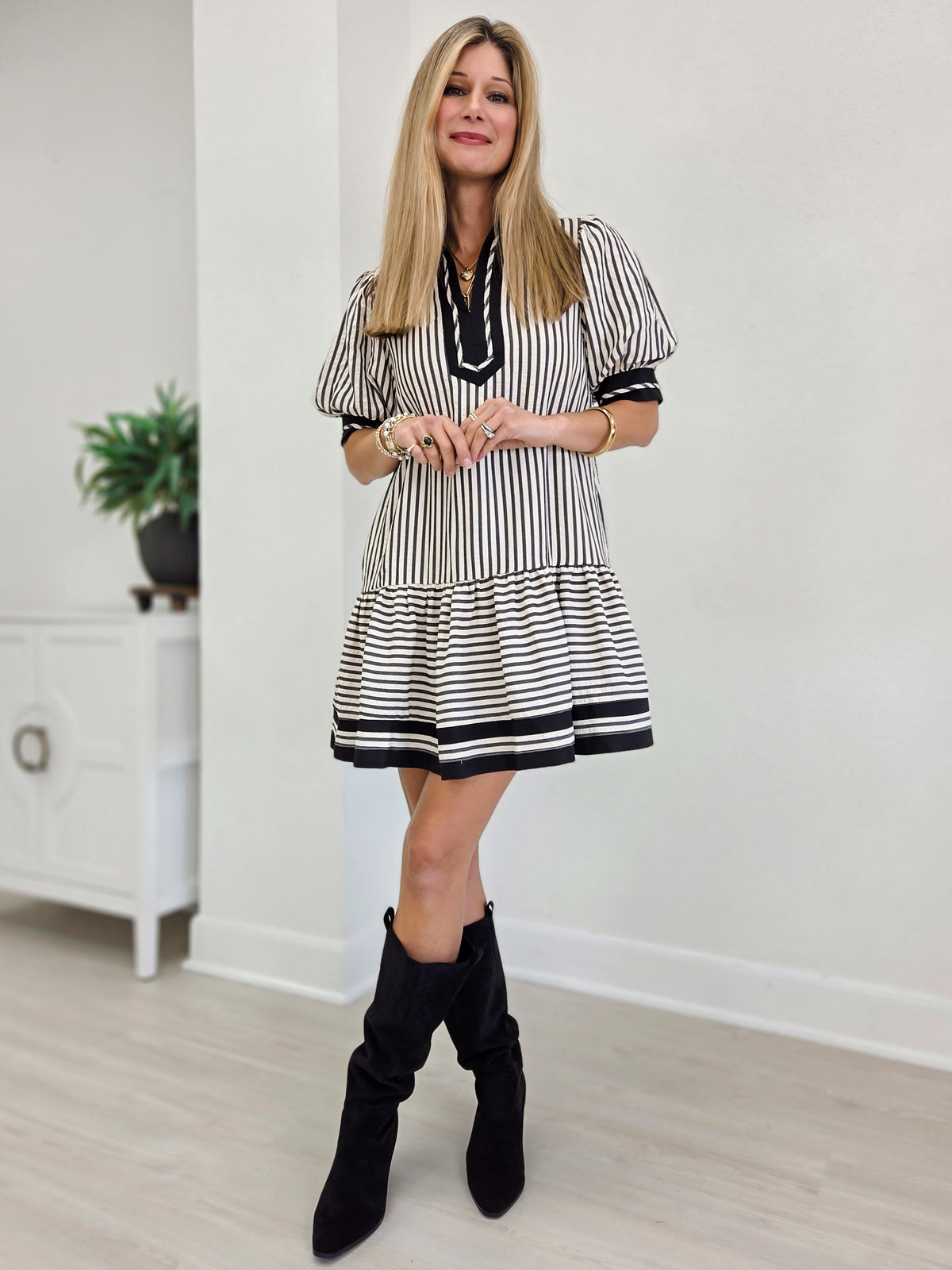 Striped Puff Sleeve Ruffle Hem Mini Dress