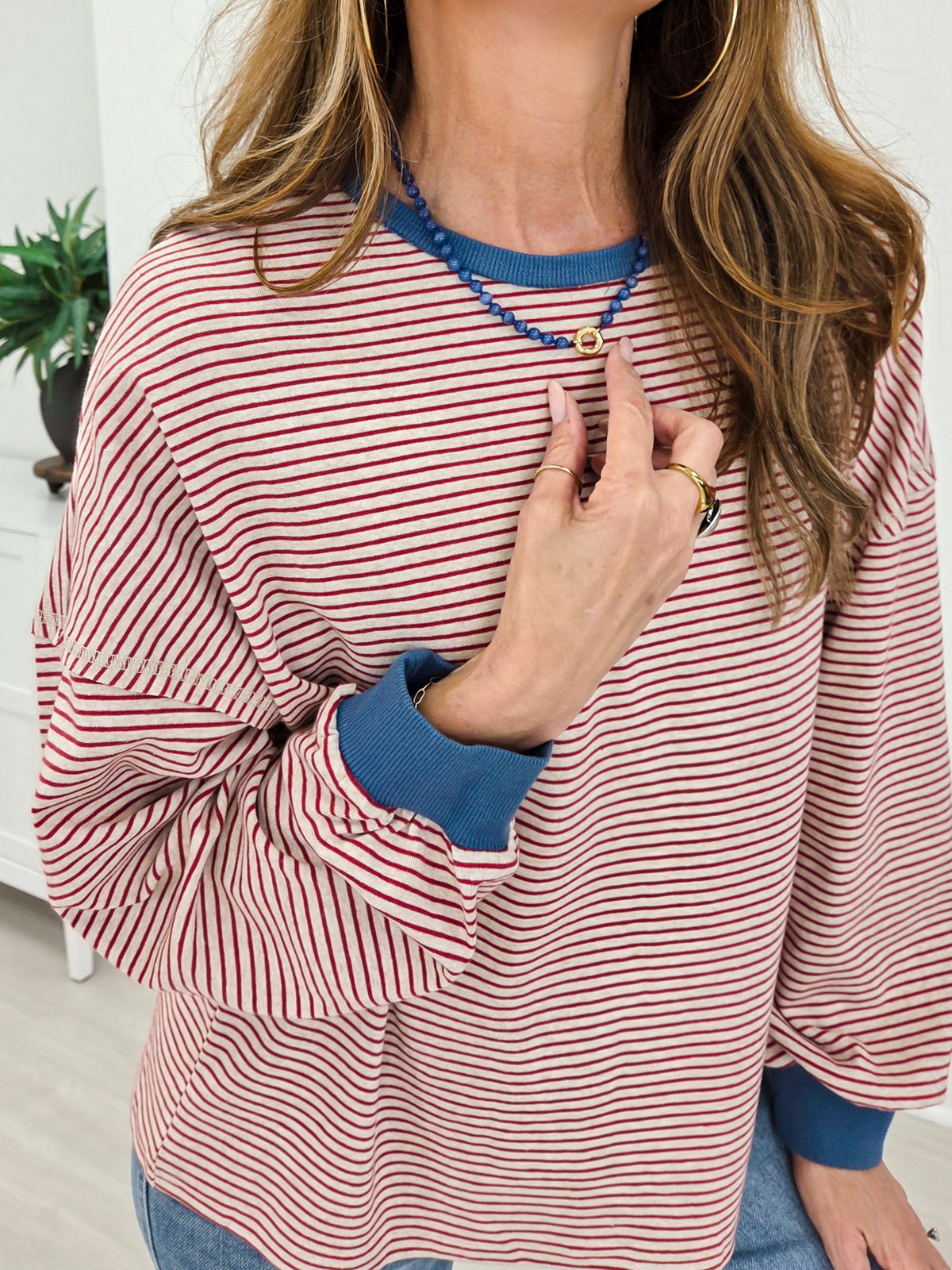 Vintage Stripe Contrast Trim Pullover