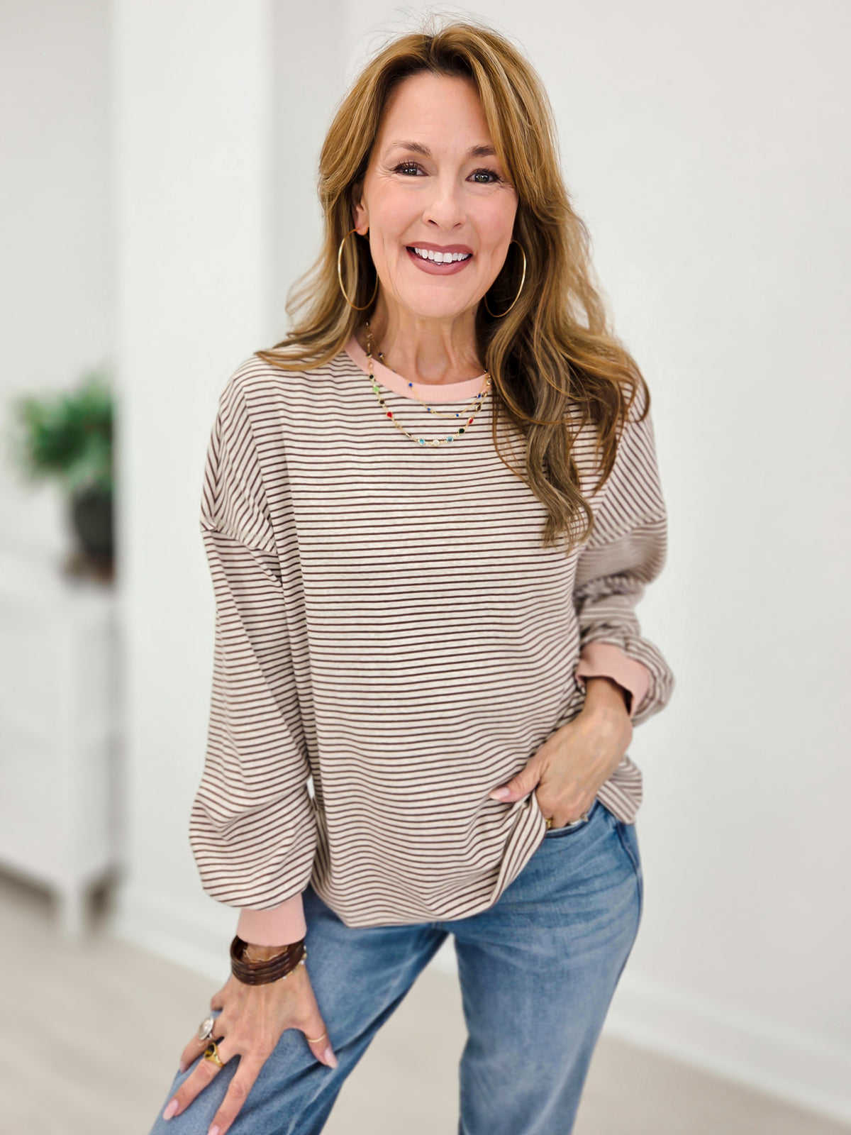 Vintage Stripe Contrast Trim Pullover